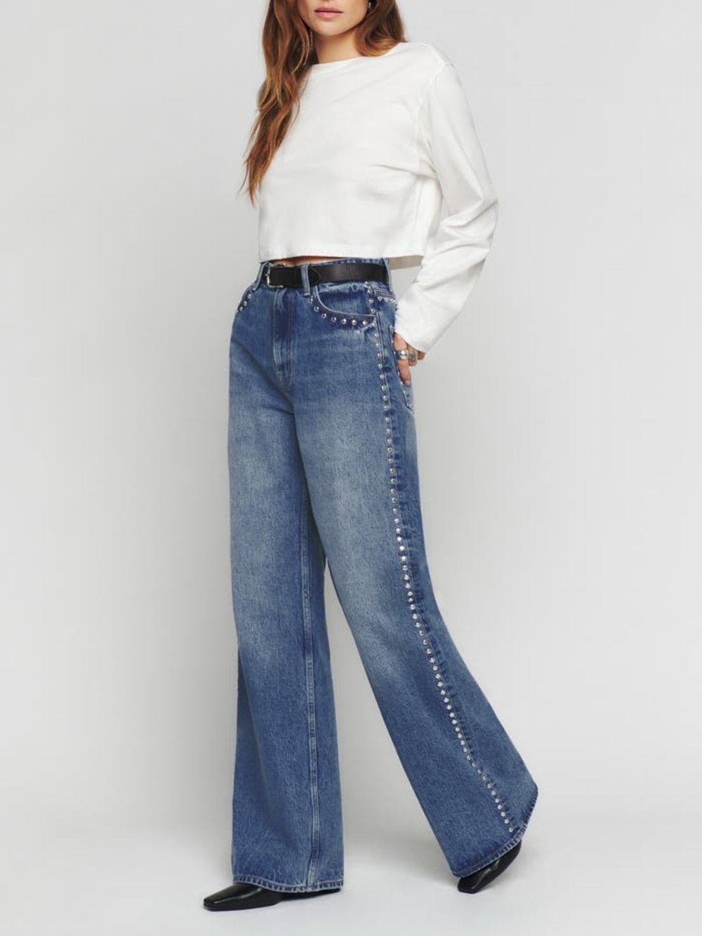 Reformation Blue Stud-Trim Wide-Leg Jeans